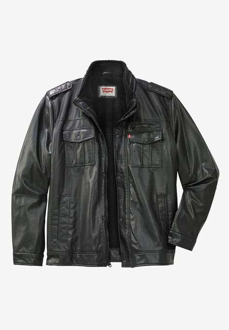 Faux Leather Stand Collar Military Jacket By Levi S