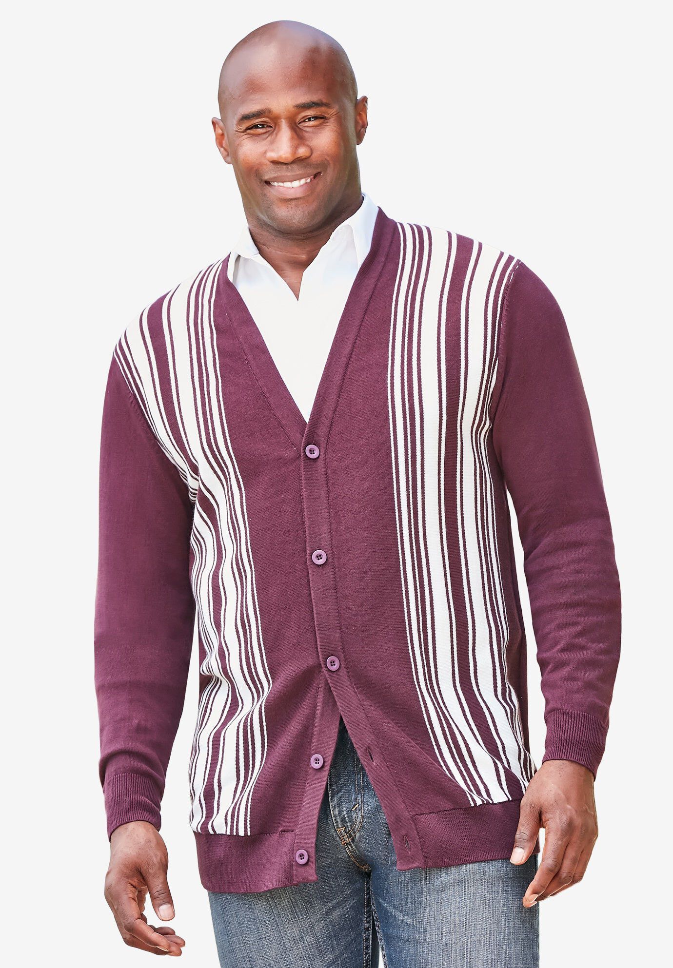 Lightweight Striped Cardigan Sweater, DEEP BURGUNDY, hi-res image number 0