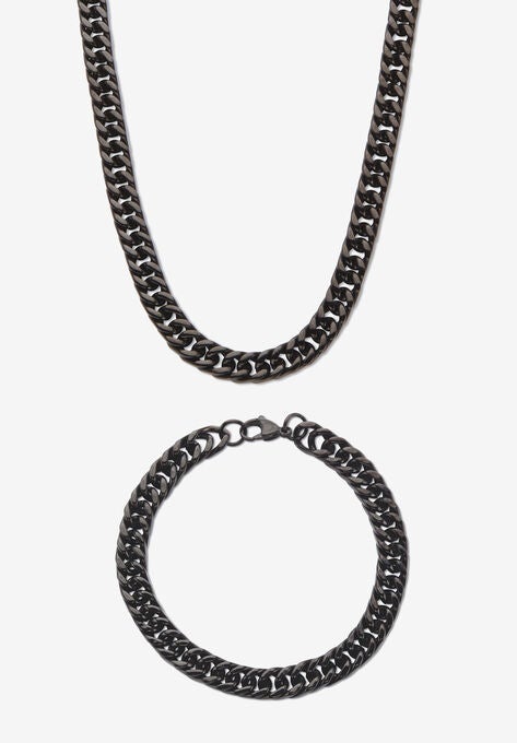Men'S 2 Piece Curb-Link Black Ion-Plated Stainless Steel Chain Set 24" & 9" Lengths, BLACK, hi-res image number null
