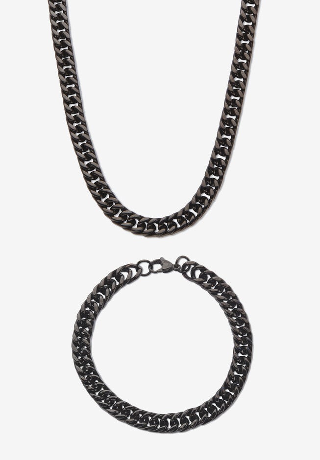 Men'S 2 Piece Curb-Link Black Ion-Plated Stainless Steel Chain Set 24 inches & 9 inches Lengths, BLACK, hi-res image number 0