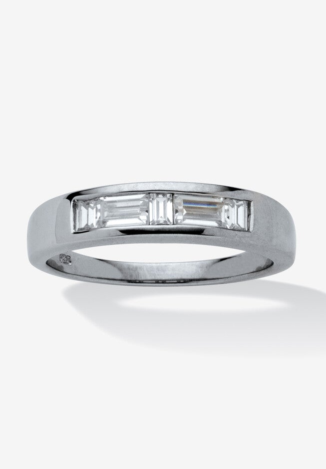 Platinum over Silver Baguette Wedding Band Ring Cubic Zirconia, WHITE, hi-res image number 0