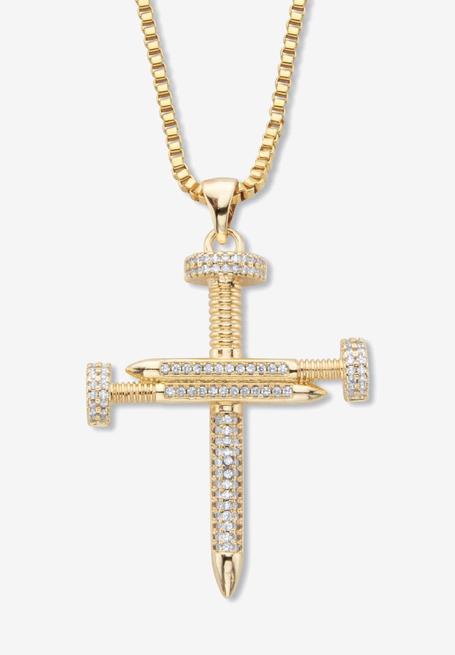 Men's Goldtone Nail Cross Pendant (32mm) Round Crystal with 24 inch Chain, GOLD, hi-res image number null