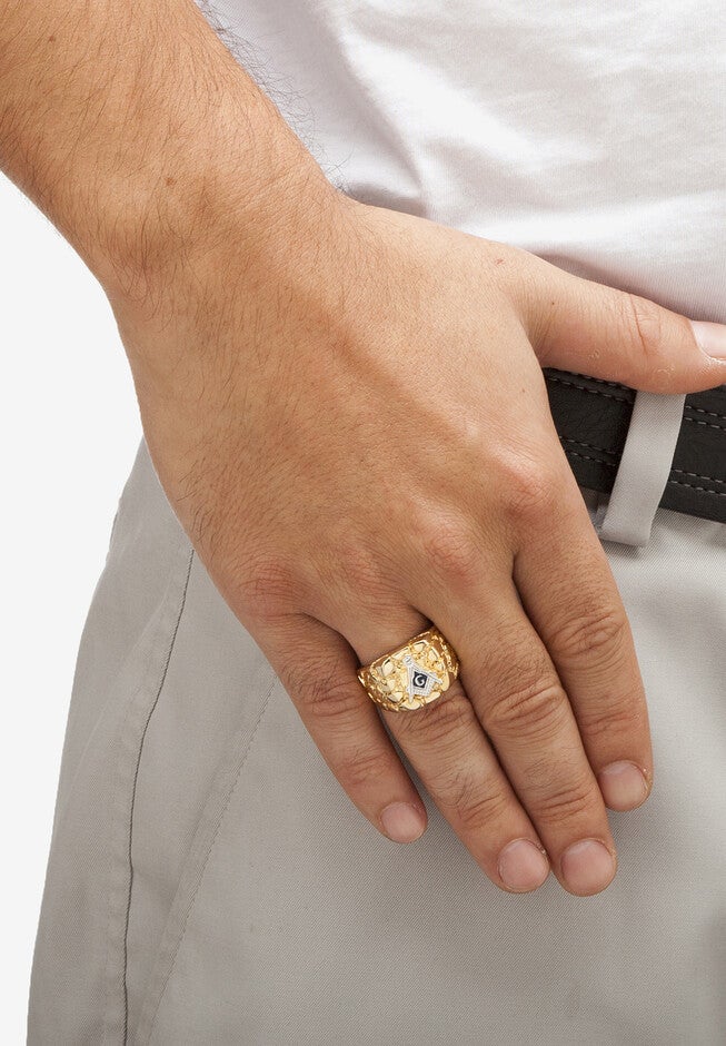 Men'S Yellow Gold-Plated Masonic Insignia Nugget Ring, , alternate image number null