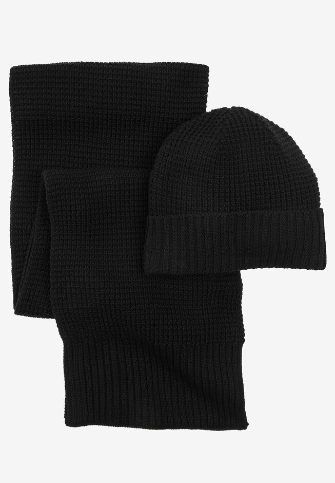 Waffle Knit Hat & Scarf Set, BLACK, hi-res image number null