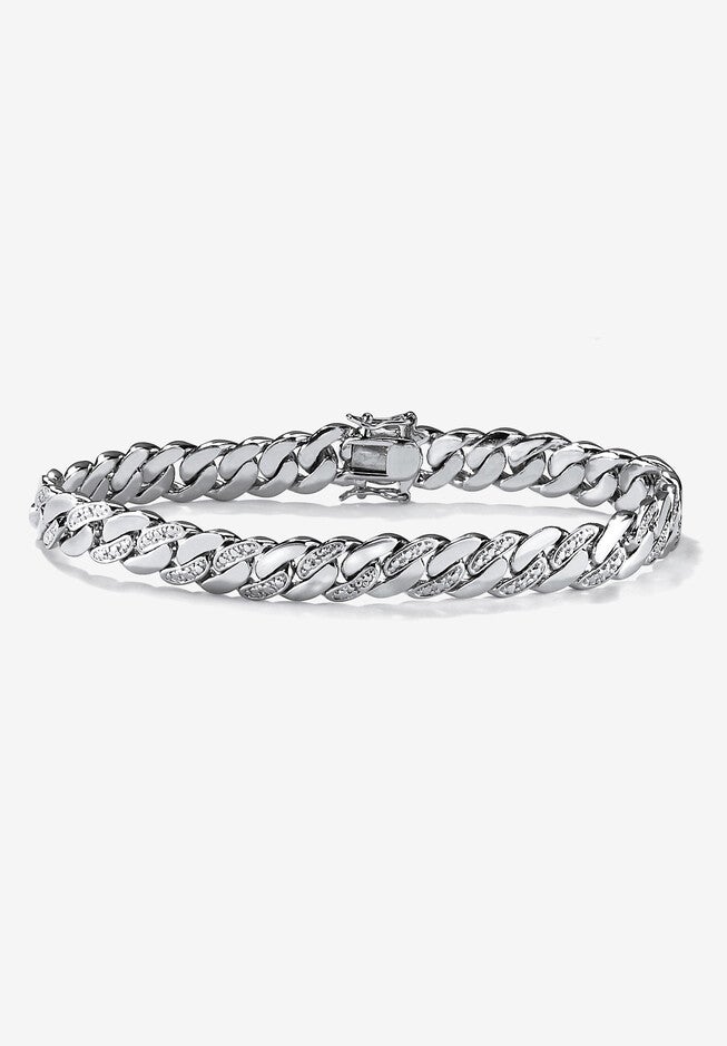 Men'S Platinum Plated Curb Link Bracelet (9Mm), Genuine Diamond Accent 9.5 inches, WHITE, hi-res image number 0