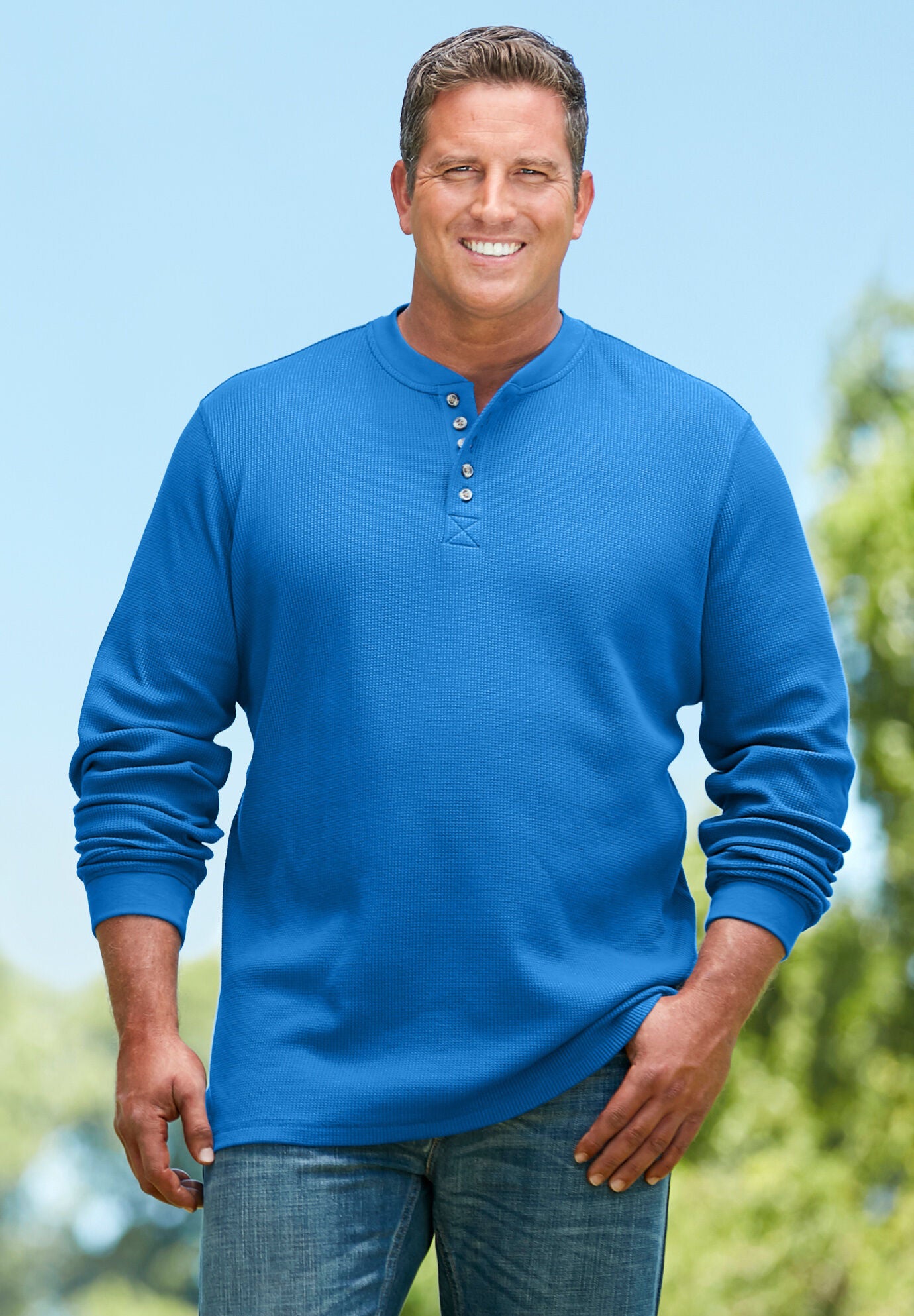 Waffle-Knit Henley Tee with Thermal Texture, Navy | King Size
