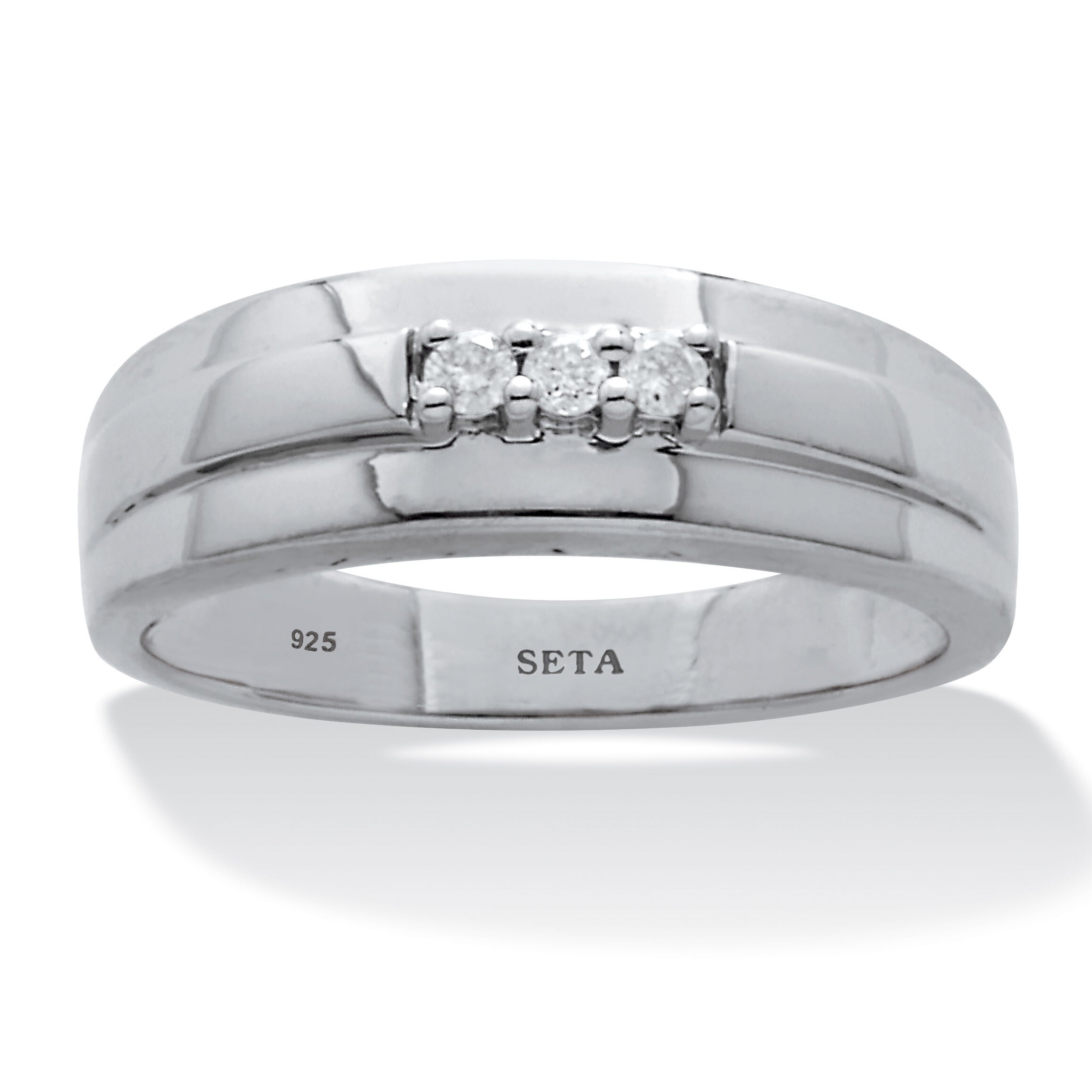 Men's .09 TCW Platinum-Plated Sterling Silver 3-Stone Diamond Band, WHITE, hi-res image number 0