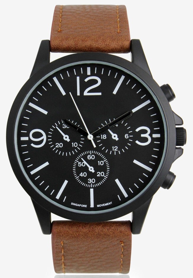 Multi-Dial Watch with Faux Leather Band, BROWN BLACK, hi-res image number null