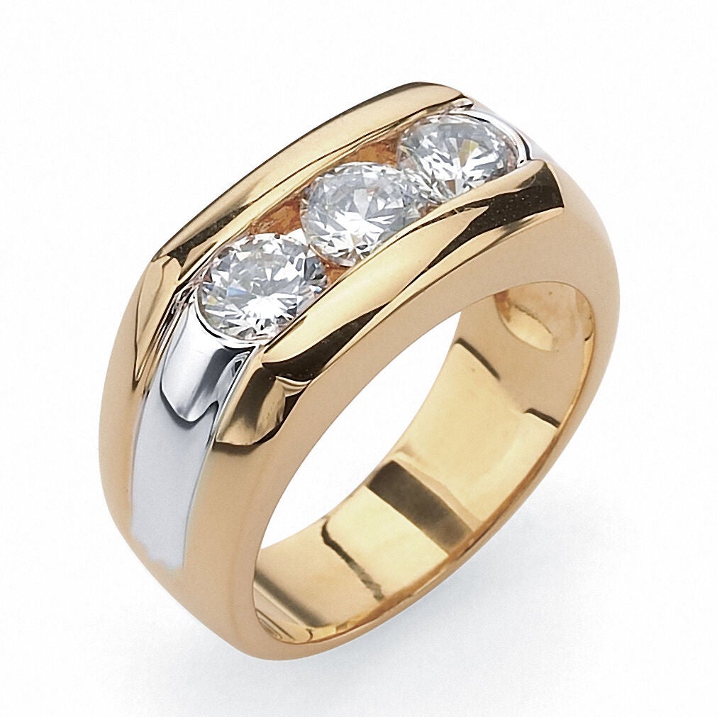 Men&#39;s 1.50 TCW Channel-Set CZ Gold-Plated Sterling Silver 3-Stone Ring, WHITE, alternate image number 4