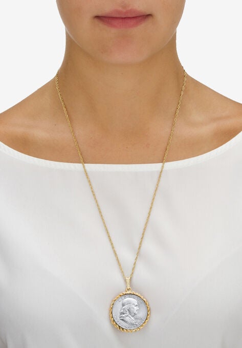 Genuine Half Dollar Pendant Necklace In Yellow Goldtone, , alternate image number null