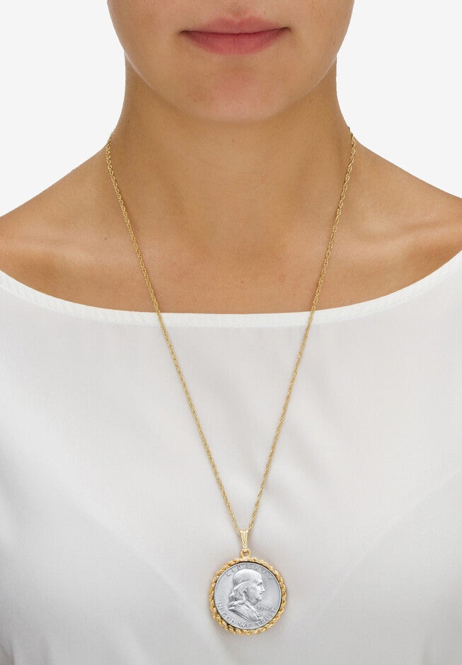 Genuine Half Dollar Pendant Necklace In Yellow Goldtone, , alternate image number 2