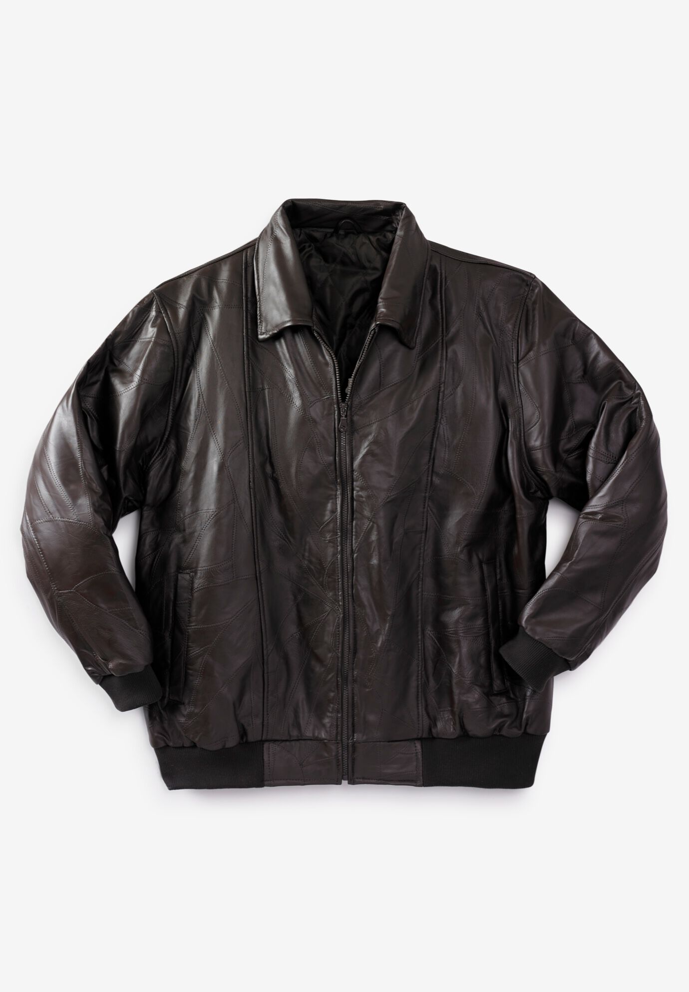 Leather Bomber Jacket with Quilted Lining Black King Size