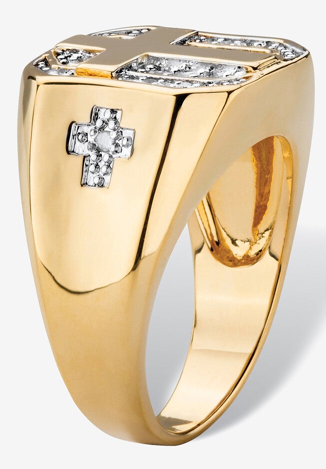 Men'S Yellow Gold-Plated Round Genuine Diamond Cross Ring (1/5 Cttw), , on-hover image number null