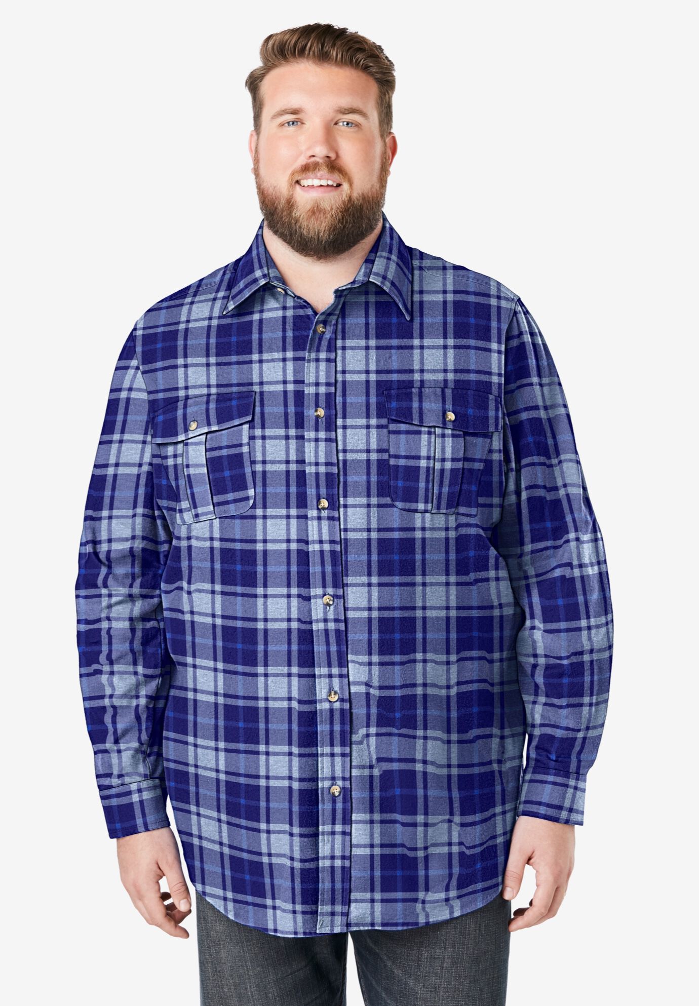 ★ Phyps Department★ Flannel Chiefs Tartan Check Shirt Blu Relaxed Fit Men's Plaid Flannel Shirt, Navy Plaid | King Size