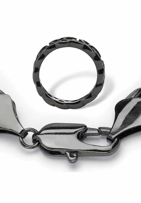Black Ruthenium-Plated Curb-Link 9" Bracelet and Ring Set, , on-hover image number null