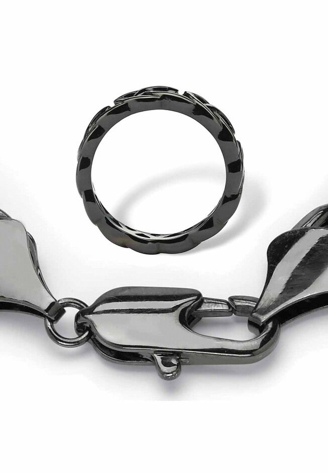 Black Ruthenium-Plated Curb-Link 9 inches Bracelet and Ring Set, , on-hover image number 1