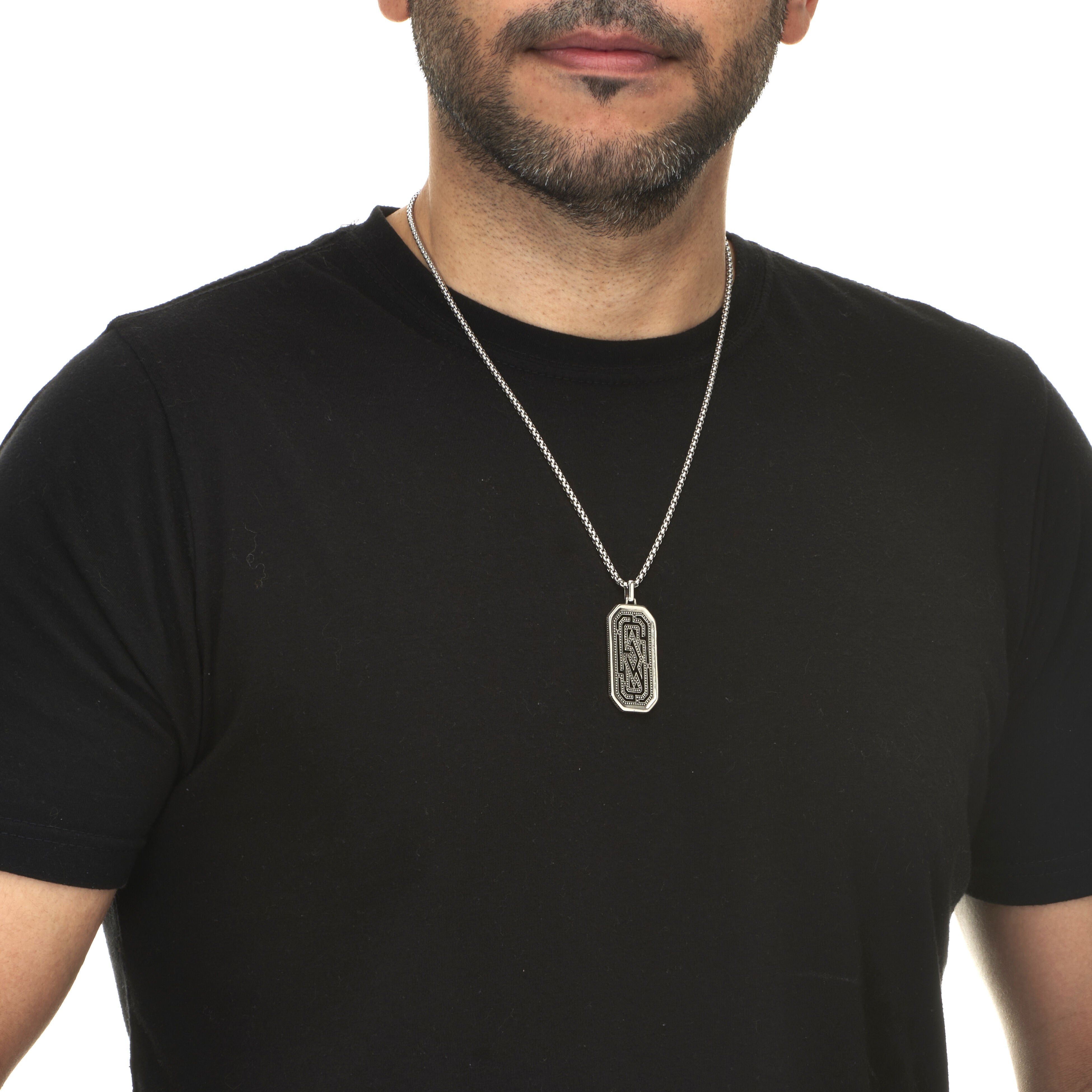 Men's Round Black Crystal Sterling Silver Dog Tag Pendant Necklace 24-inch, BLACK, alternate image number 2