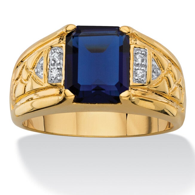 Men's Created Blue Sapphire Diamond Accent 18k Gold-Plated Etched Ring, BLUE, hi-res image number 0