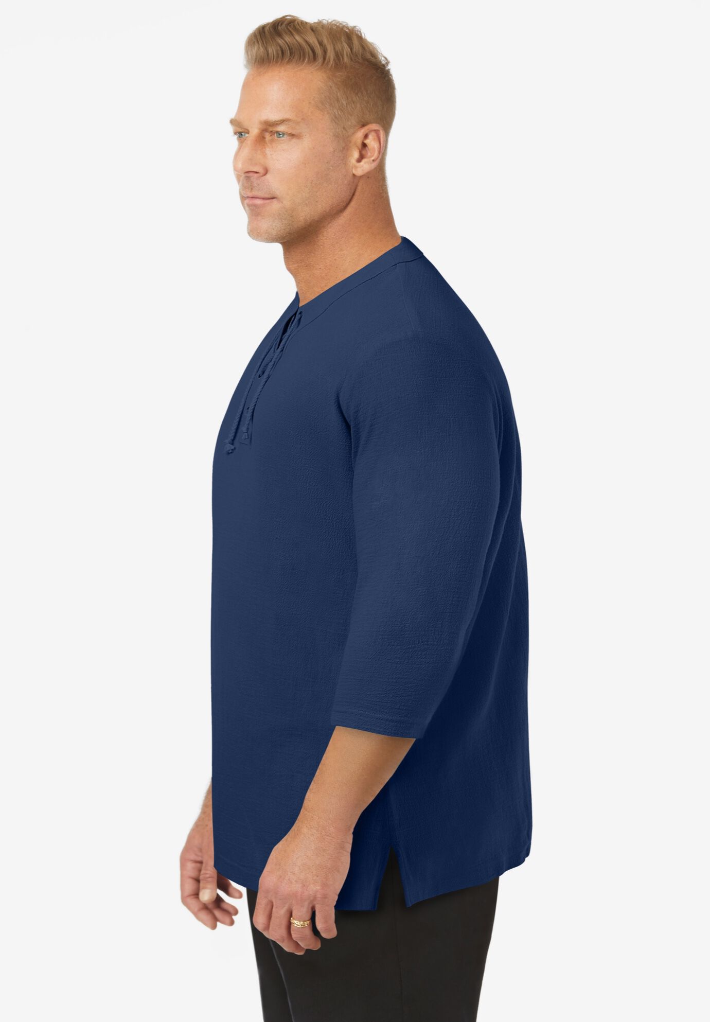 Gauze Lace-Up Shirt, NAVY, alternate image number 2