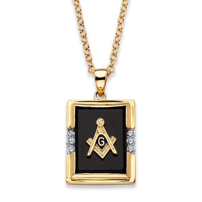 Men's Genuine Black Onyx Masonic Pendant Necklace Yellow Gold-Plated 20 inches, BLACK, hi-res image number null
