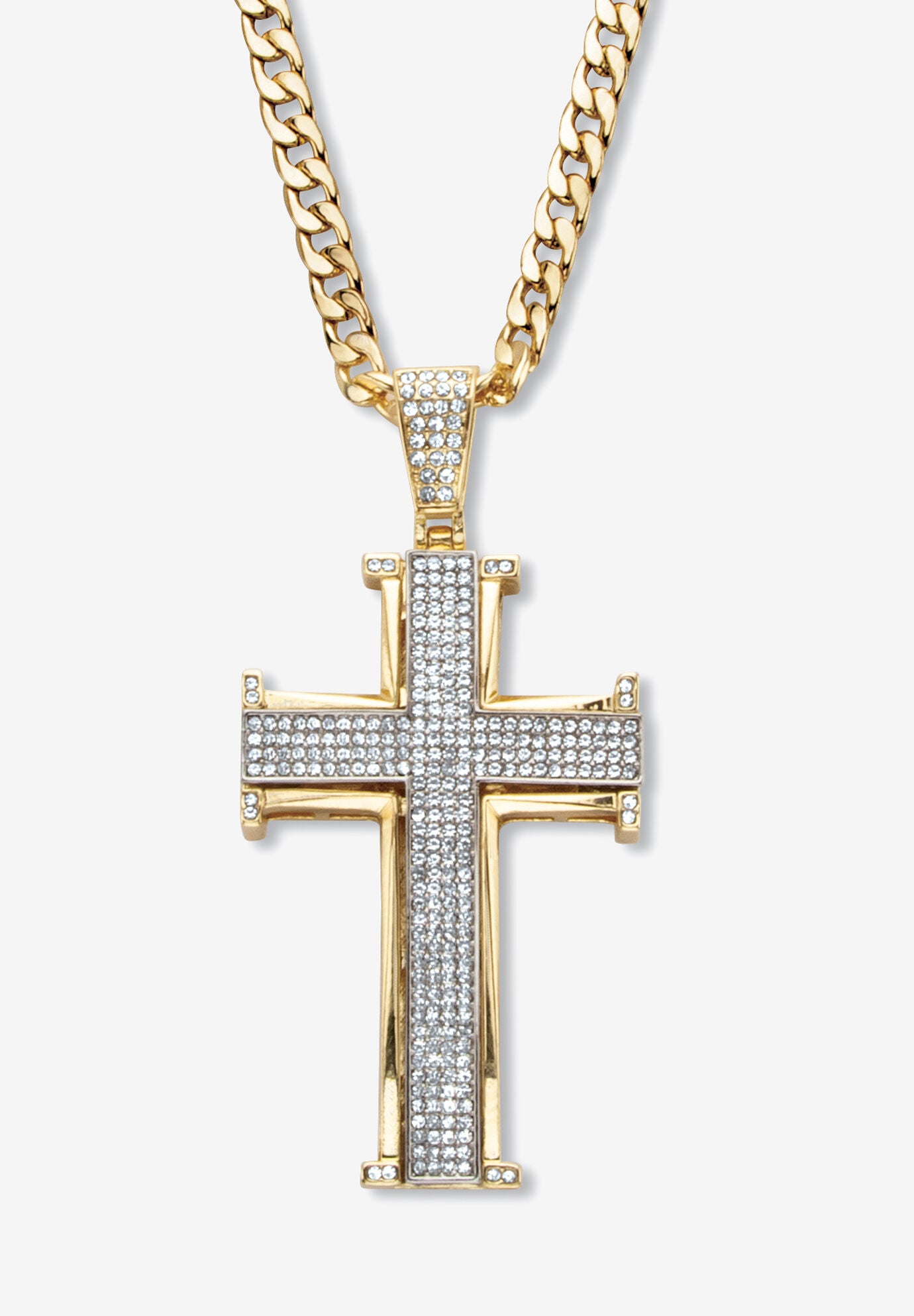 Men'S Yellow Gold Ion Plated Stainless White Crystal Cross Pendant 24 inches Chain, GOLD, hi-res image number 0
