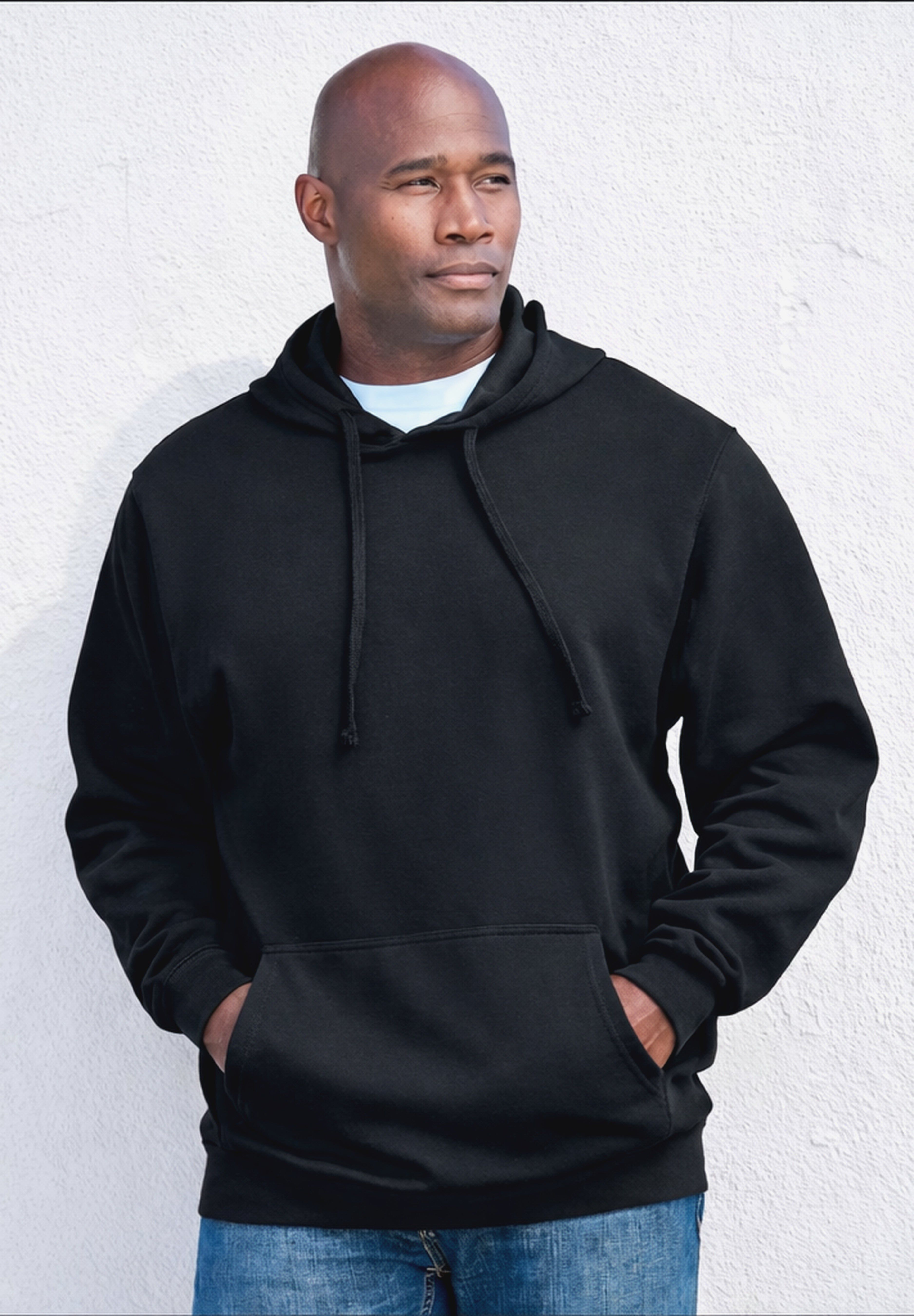Fleece Zip-Front Hoodie with Pockets & Drawstring, Black | King Size