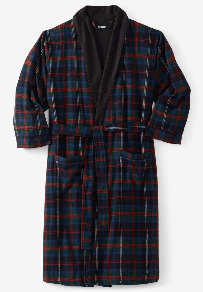 Jersey-Lined Flannel Robe with Shawl Collar, Multi Plaid | King Size