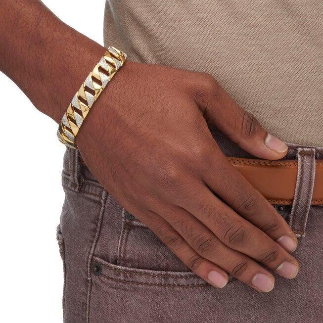 Men's Diamond Accent 18k Gold-Plated Two-Tone Interlocking-Link Bracelet 8.5 inches, WHITE, alternate image number 4
