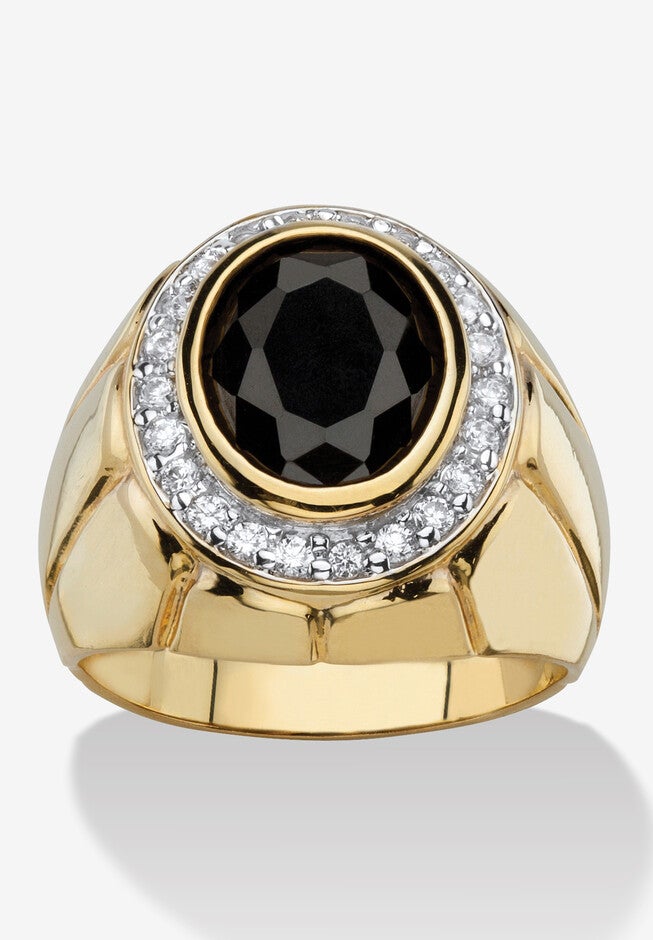 Men'S 4.18 Tcw Black Oval Cubic Zirconia Gold-Plated Faceted Halo Ring, BLACK, hi-res image number 0