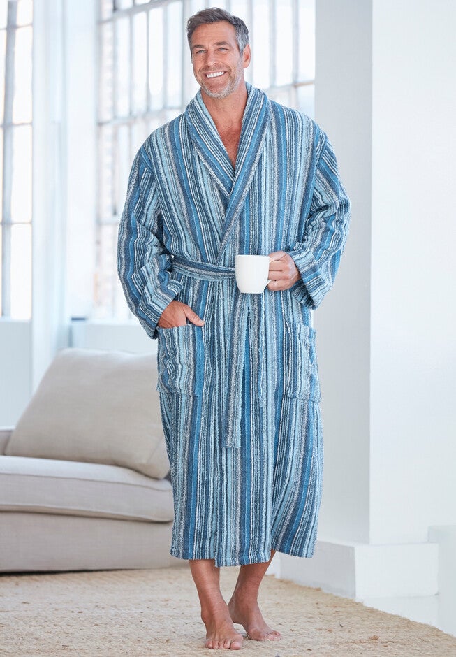 Terry Bathrobe with Side Pockets Cotton Robe, Navy King Size
