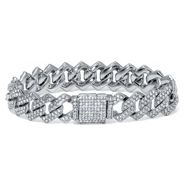 Round Crystal Silvertone Link Bracelet 9-inch, WHITE, hi-res image number 0