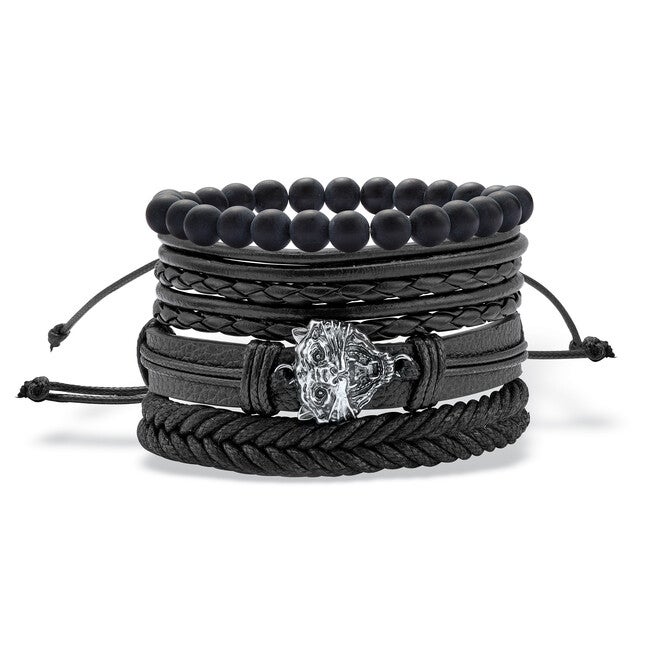 Men's Stainless Steel Multi Strand Leather Macrame Bracelet 8.5 Inch, Adjustable, BLACK, hi-res image number null
