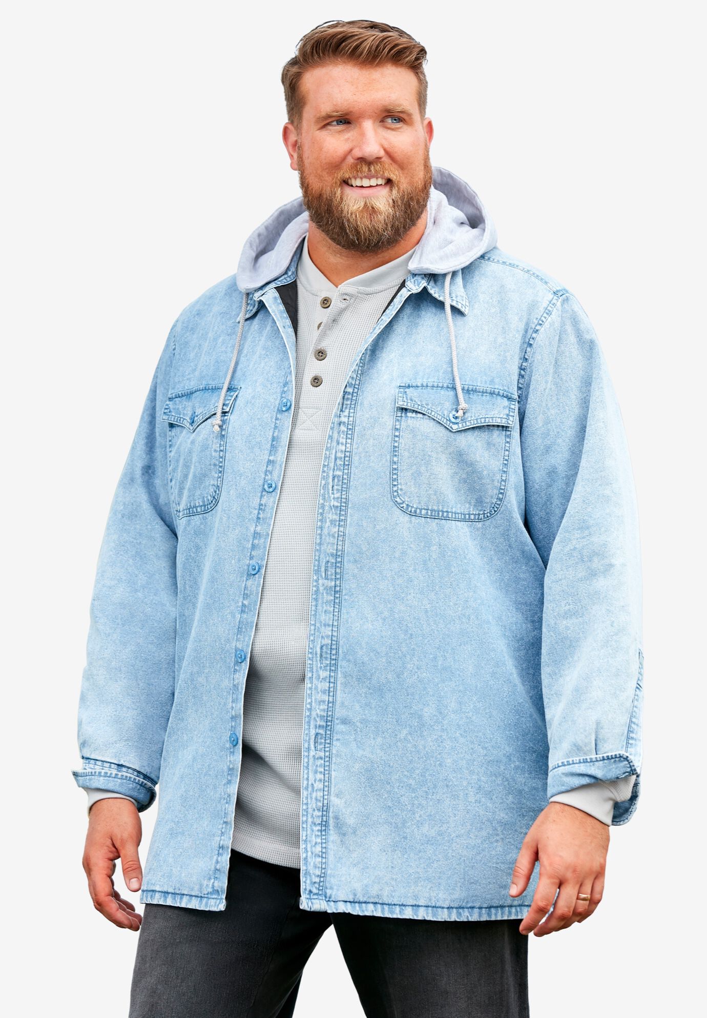 Fleece Shirt Jacket with Removable Hood Red Buffalo Check King Size