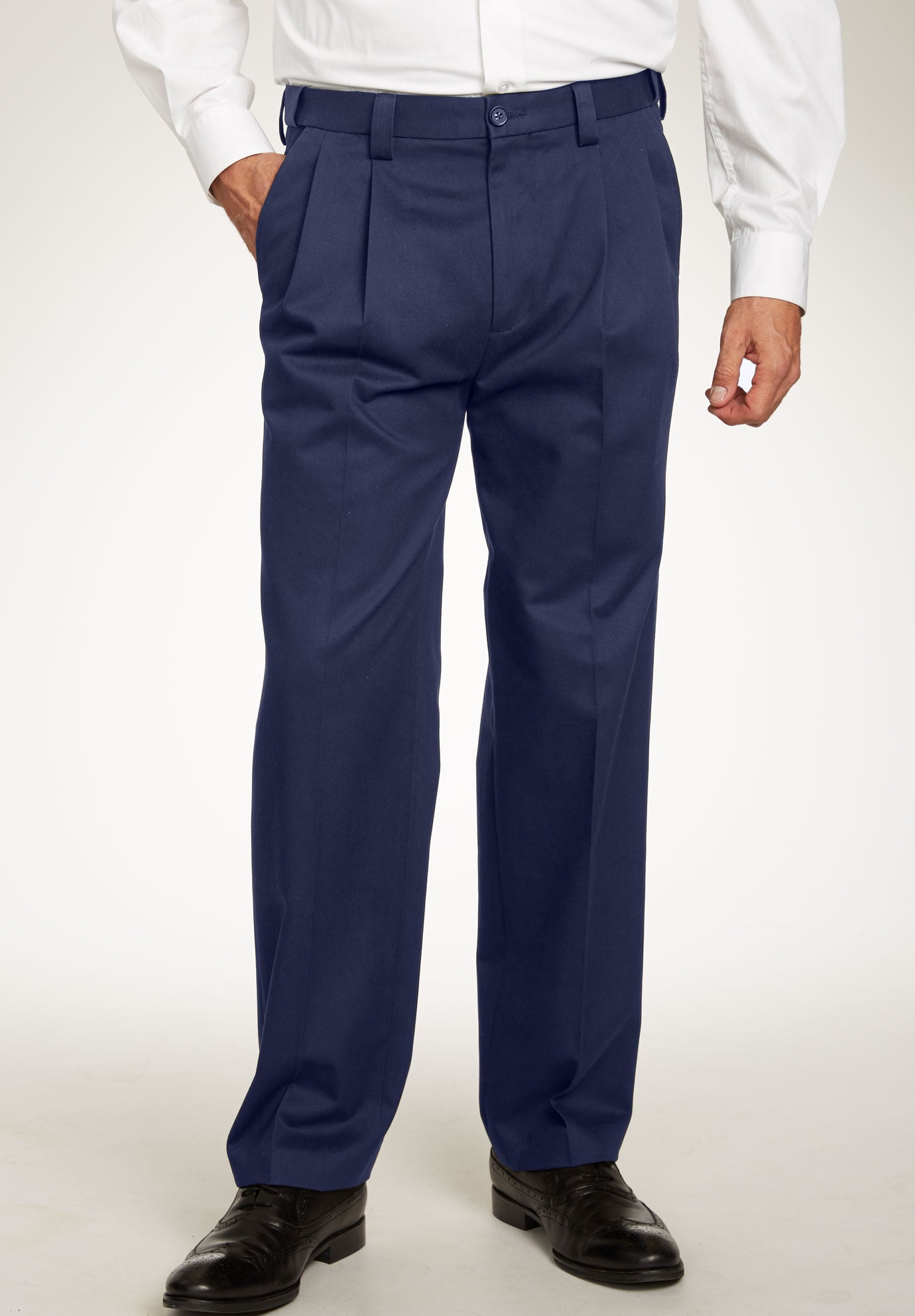 Wrinkle-Free Pleat Front Pants with Expandable Waist, Navy