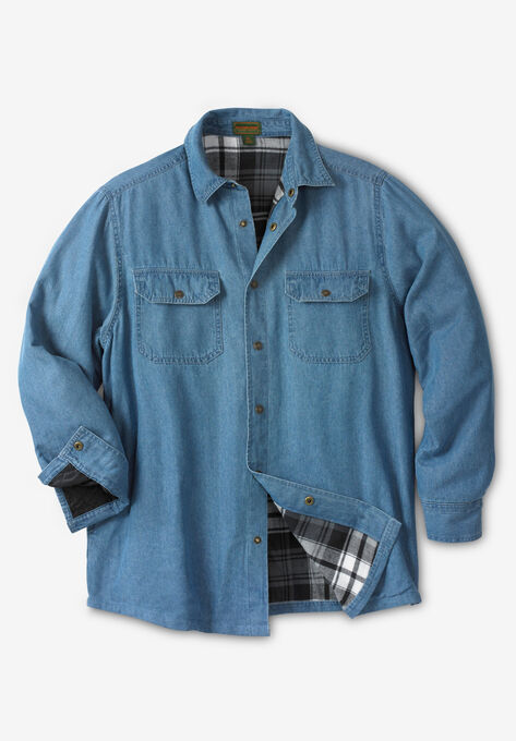 Flannel-Lined Twill Shirt Jacket by Boulder Creek®, BLEACH DENIM, hi-res image number null