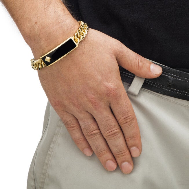 Men's Genuine Onyx and Diamond Accent Gold-Plated Curb-Link Bracelet 8 inches, BLACK, alternate image number null