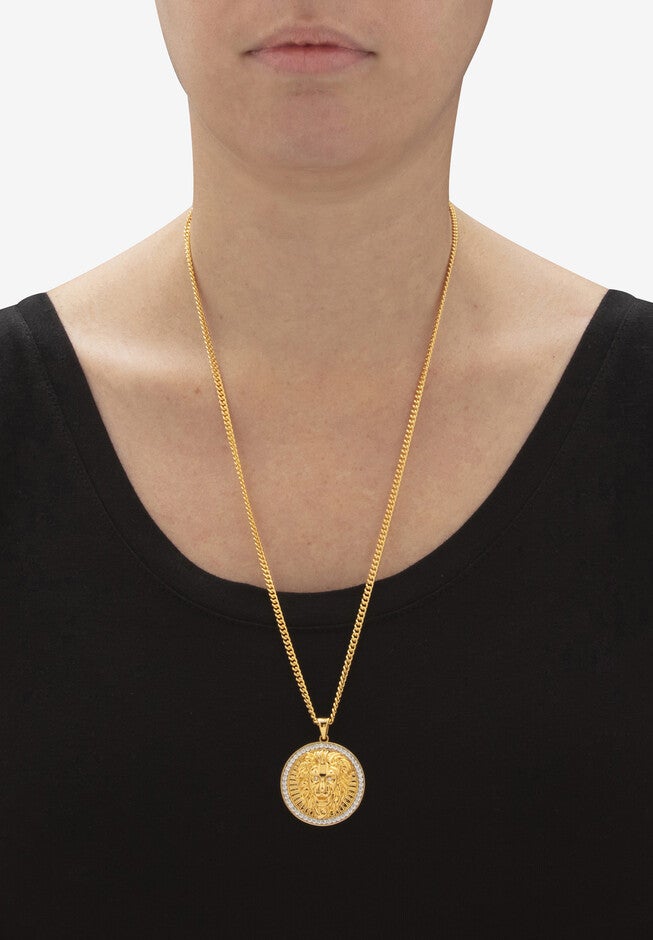 Unisex Yellow Gold-Plated Round Cubic Zirconia Lion Head Pendant 1 1/10 Cttw, , alternate image number null