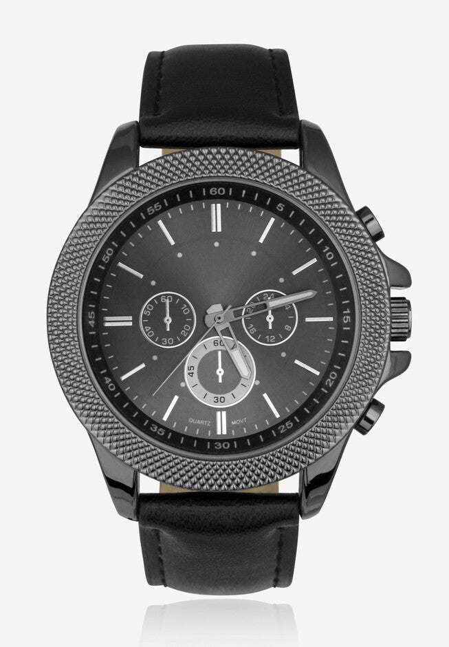 Gunmetal Watch with Black Faux Leather Band, BLACK, hi-res image number 0