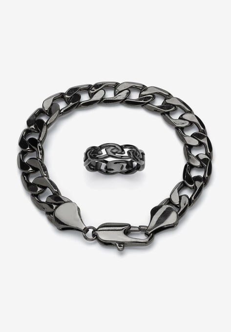 Black Ruthenium-Plated Curb-Link 9" Bracelet and Ring Set, STAINLESS STEEL, hi-res image number null