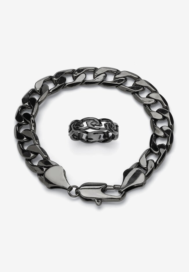 Black Ruthenium-Plated Curb-Link 9 inches Bracelet and Ring Set, STAINLESS STEEL, hi-res image number 0