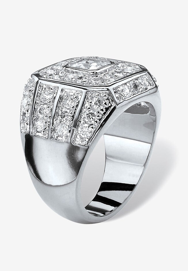 Men'S Platinum Plated Cushion Ring Cubic Zirconia (2 1/3 Cttw Tdw), , on-hover image number null