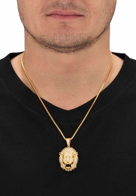Gold-Plated Lion Head Pendant with Cubic Zirconia accents with 22" Chain, , alternate image number null