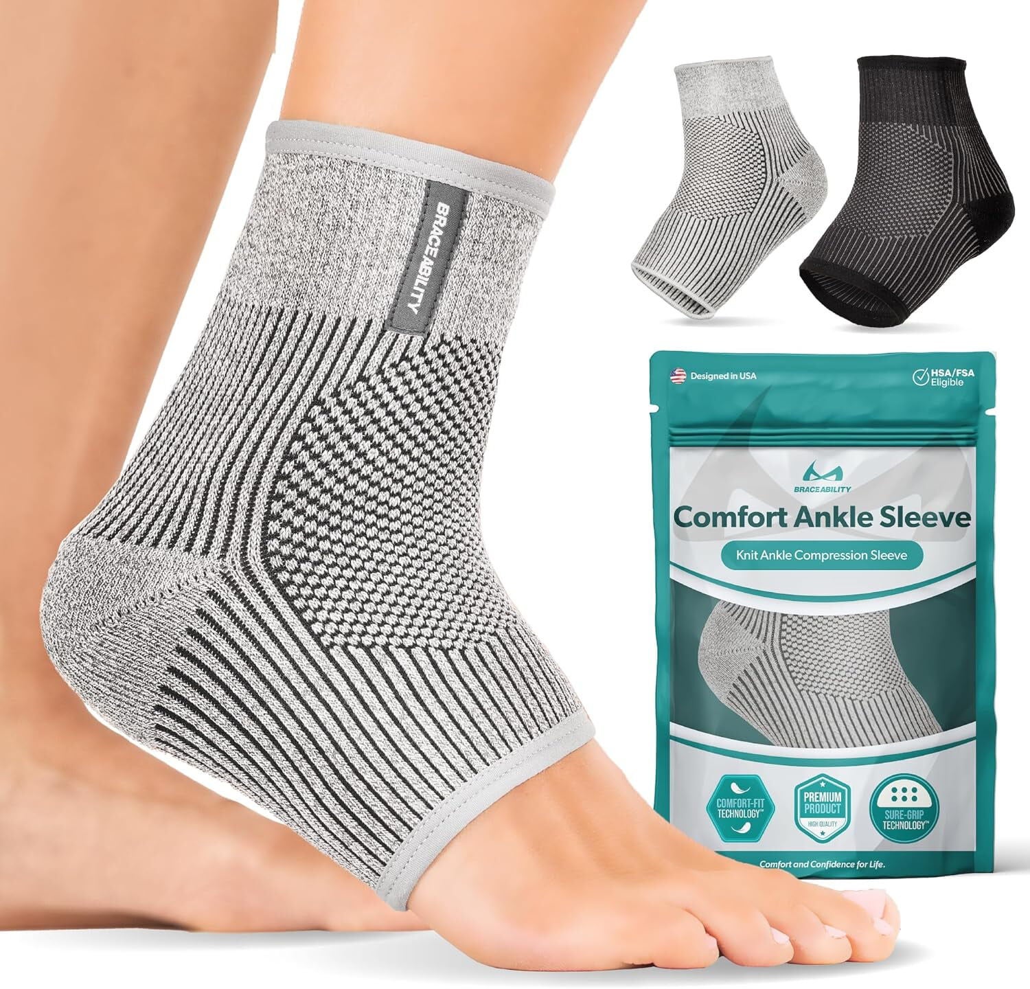 Comfort Ankle Compression Sleeve, GRAY, hi-res image number 0