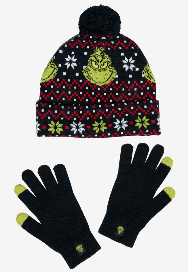 Men's Dr Seuss Grinch Knit Beanie Hat & Touch Screen Gloves Christmas, BLACK, alternate image number 1