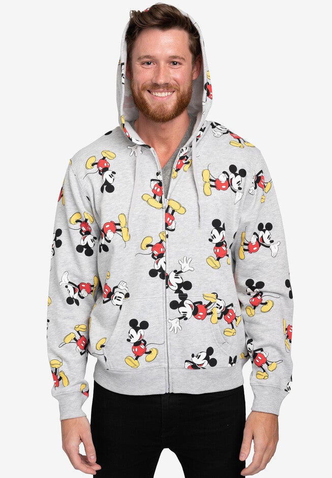 Men's Disney Mickey Mouse Zip Hoodie All-Over Print Sweatshirt Gray, GRAY, hi-res image number null