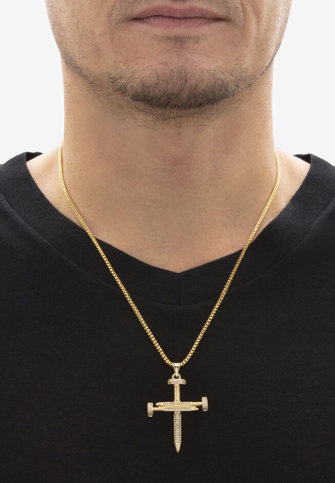 Men's Goldtone Nail Cross Pendant (32mm) Round Crystal with 24 inch Chain, , alternate image number null