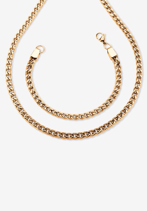 Gold Ion-Plated Stainless Steel Curb-Link 24" Chain and 9" Bracelet Set, STAINLESS STEEL, hi-res image number null