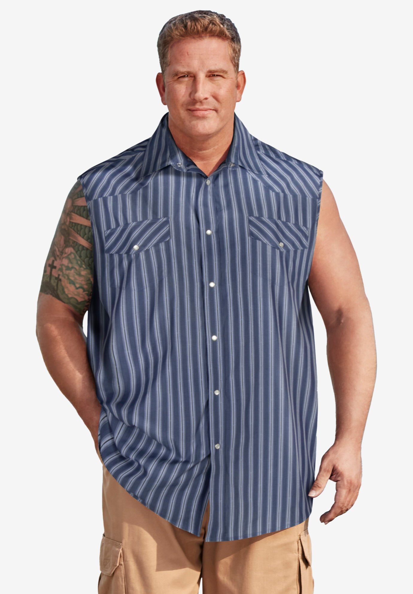 Western Snap Front Muscle Shirt, NAVY STRIPE, hi-res image number 0