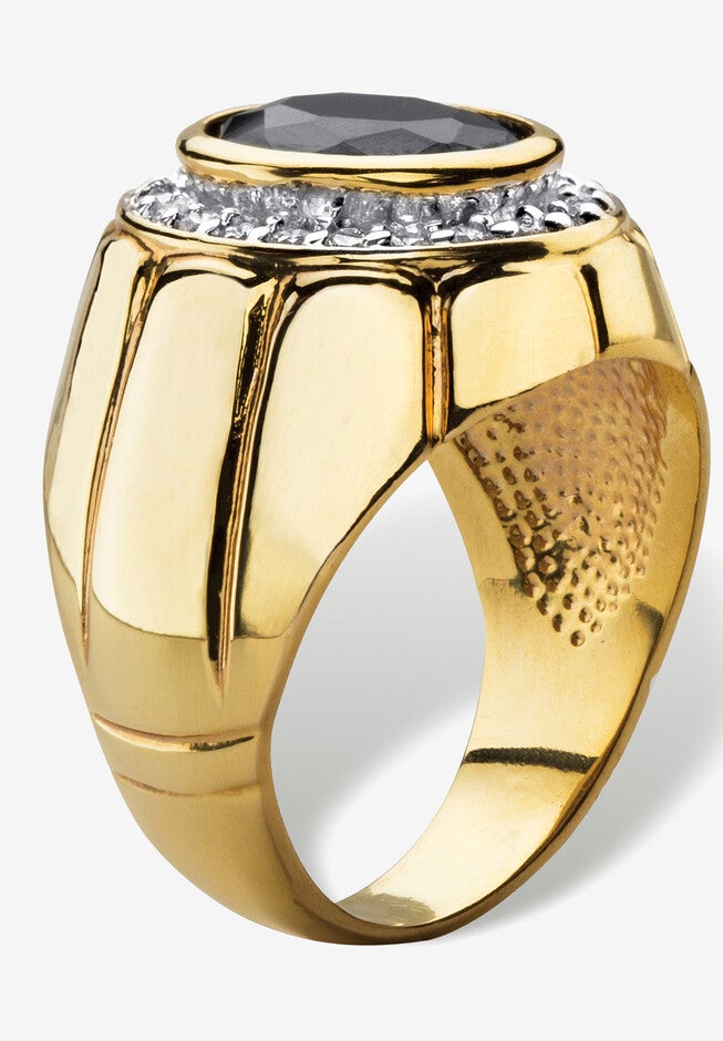 Men'S 4.18 Tcw Black Oval Cubic Zirconia Gold-Plated Faceted Halo Ring, , on-hover image number 1