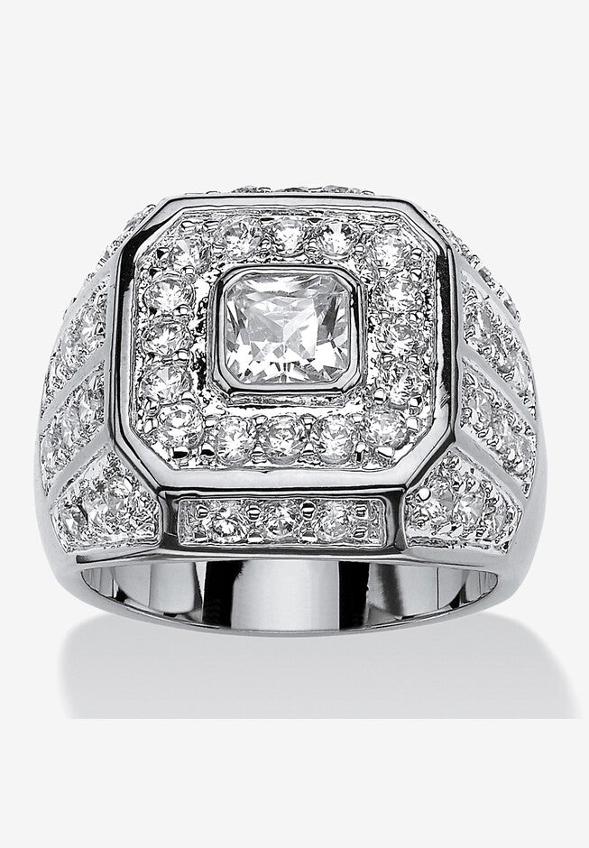 Men'S Platinum Plated Cushion Ring Cubic Zirconia (2 1/3 Cttw Tdw), WHITE, hi-res image number null
